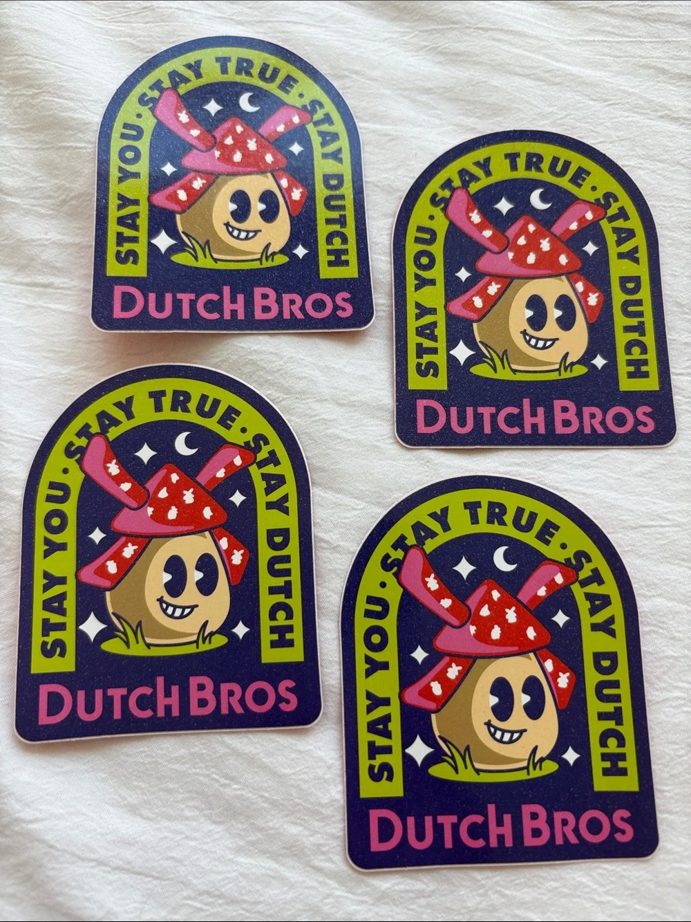 4 Dutch Bros Coffee 2023 Glitter Mushroom Stay You Stickers Pink Red Yellow Navy